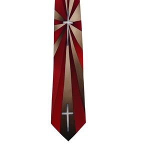 Enrico Capucci Mens Silk Tie Red Brown Silver Cross Religious Sunburst 61x4